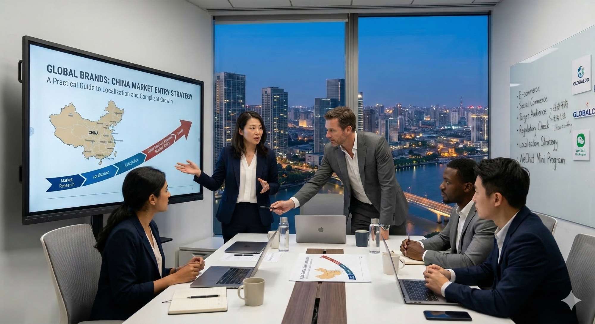 Diversified international business team planning China market entry strategy around a conference table with presentation screen showing global brands localization approach.