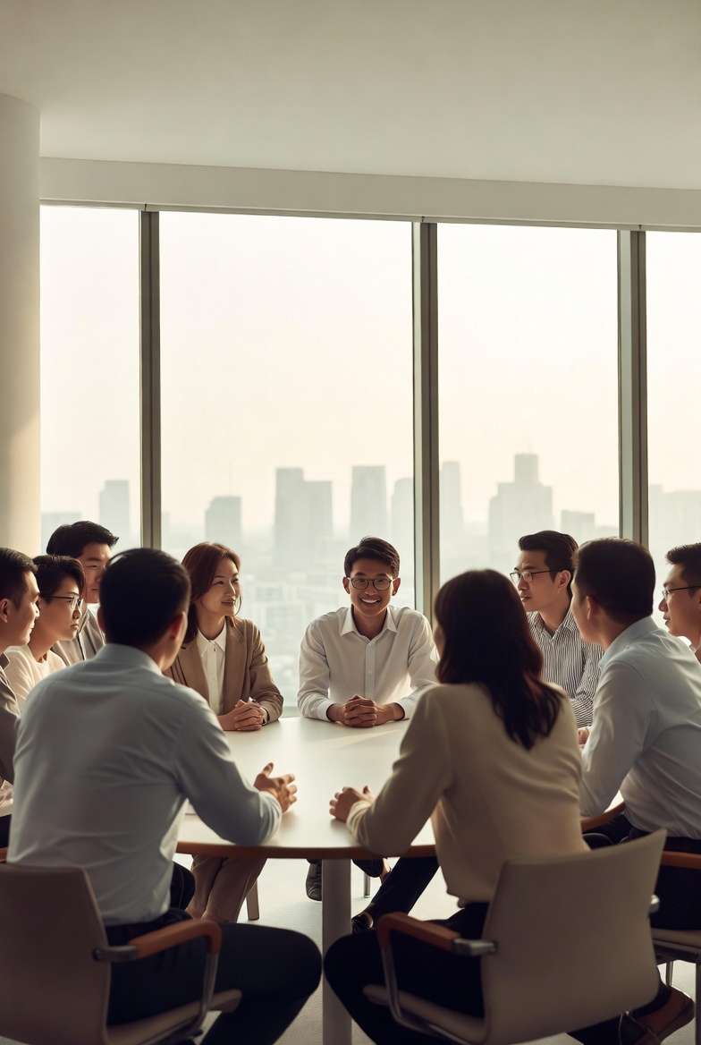 Diverse international and Chinese business team in thoughtful discussion inside a bright modern Shanghai office with city skyline view, representing long-term localization and partnership for global brands entering China.