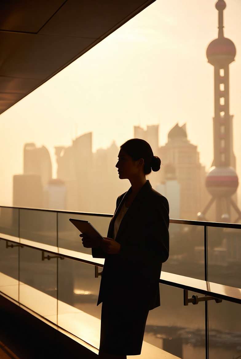 Professional international businesswoman overlooking modern Shanghai skyline at dusk, symbolizing strategic China market entry for global brands.