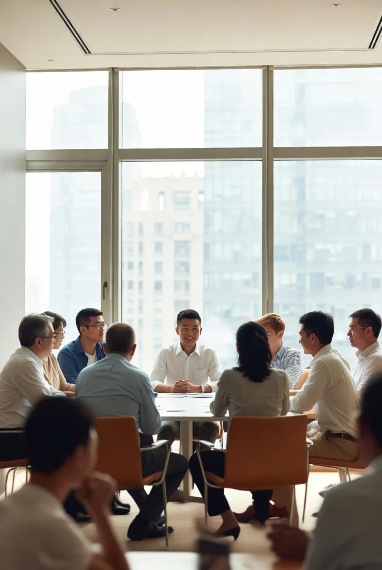 Diverse Chinese and international team in collaborative discussion inside bright modern Shanghai office, representing long-term brand equity and full-funnel growth strategy for international brands in China.