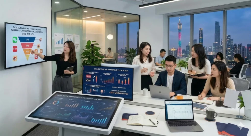 International marketing team collaborating in modern office workspace to develop a comprehensive digital strategy for China market entry and full-funnel growth.