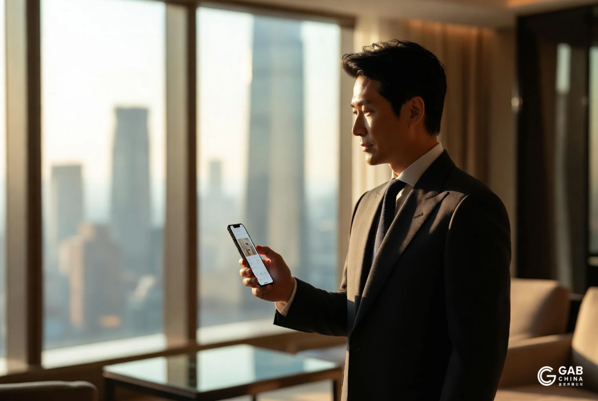 China Luxury 2026: Young Chinese consumer discovering personalized luxury through AI and digital channels in modern Shanghai penthouse, representing emotional resonance and digital recovery