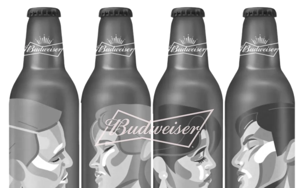 Budweiser beer bottles displayed in a row