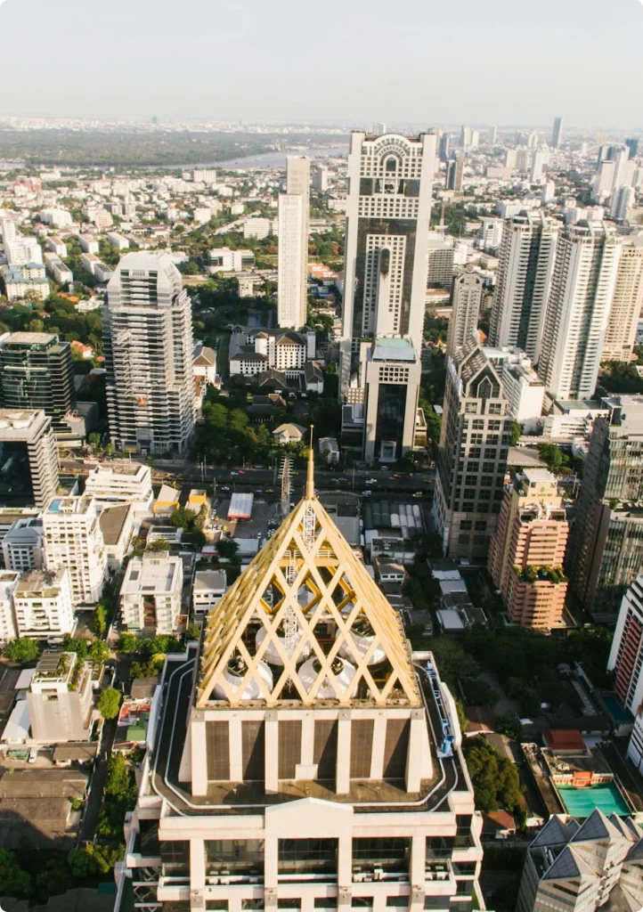 Aerial view of Bangkok city skyline at sunset